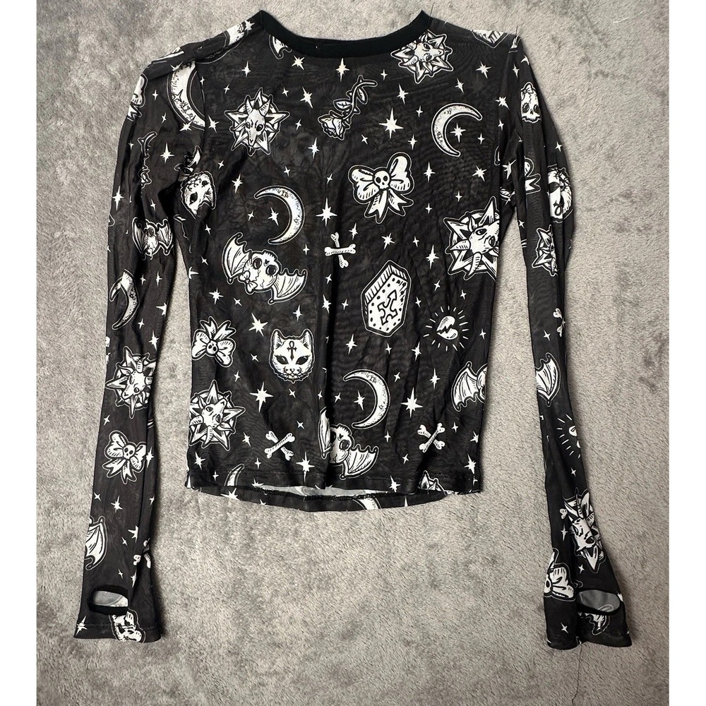 Dolls Kill Mood Mesh See Through Graphic Goth Cult Long Sleeve Shirt Top Black M